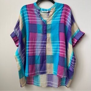 Soft Surroundings Painterly Plaid Popover Coastal Lightweight Oversized Hi-Lo S